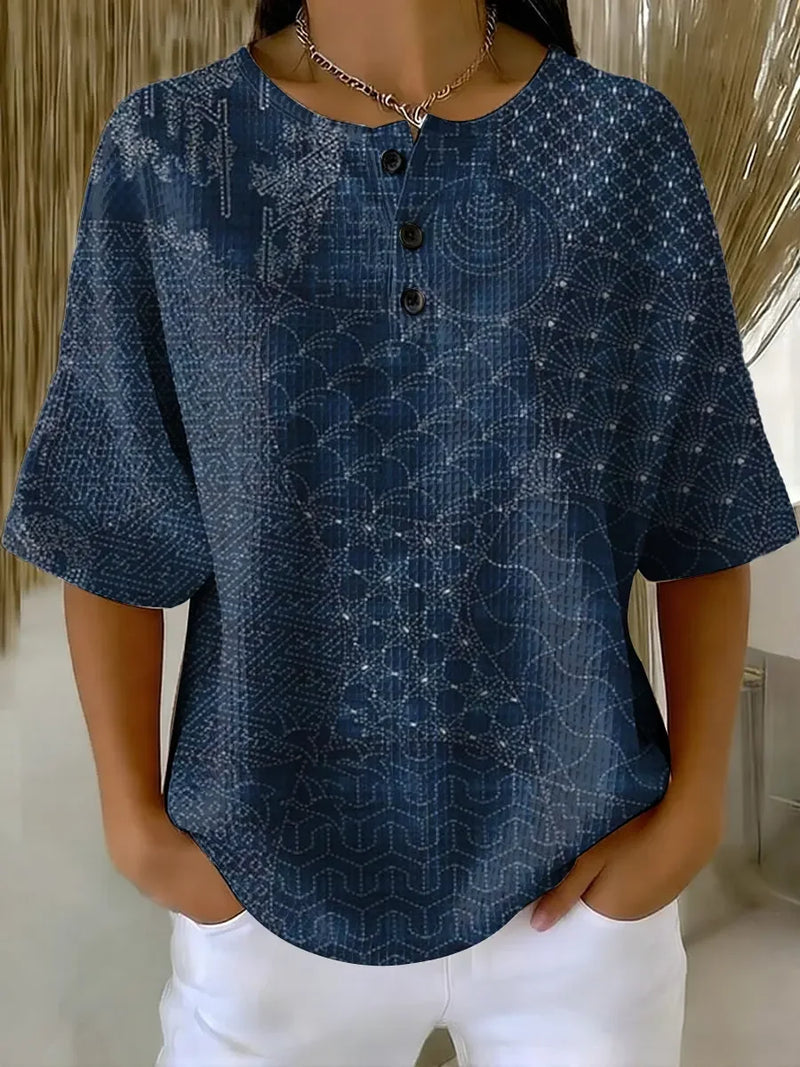 Women's Vintage Pattern Art Print Casual Waffle Cotton Shirt RSWS2301