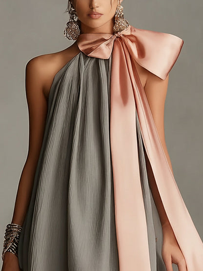 Grey Halter Neck Satin Bow And Lace-trimmed Mini Dress