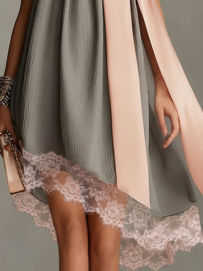 Grey Halter Neck Satin Bow And Lace-trimmed Mini Dress
