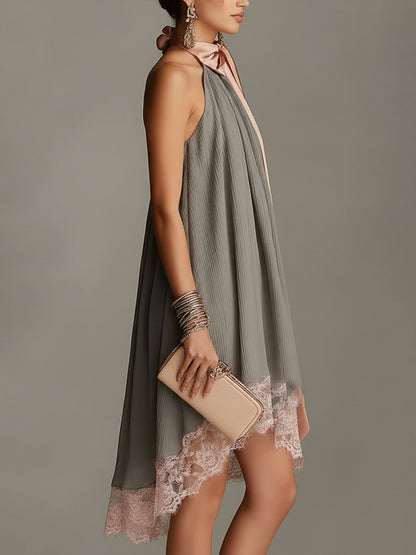 Grey Halter Neck Satin Bow And Lace-trimmed Mini Dress