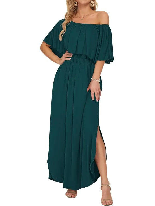 Elegant Off-The-Shoulder Floral Side-Slit Maxi Dress