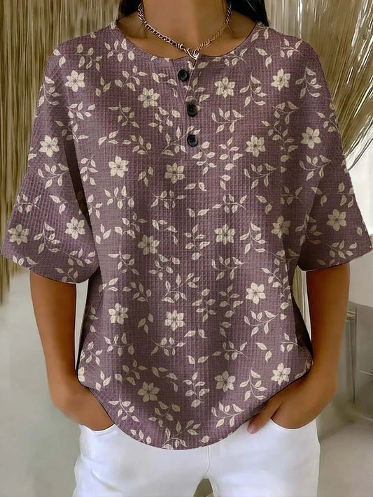 Women's Floral Art Print Casual Waffle Cotton Shirt RM604
