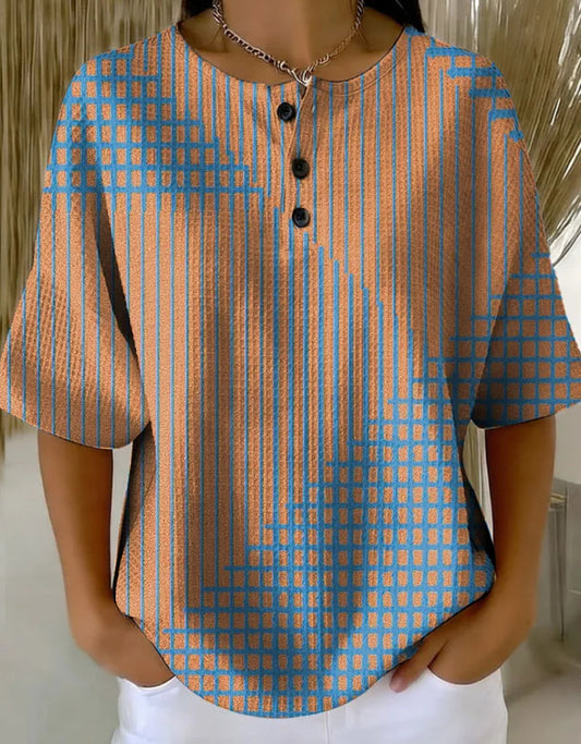 Women's Retro Multicolor Gradient Patchwork Abstraction Patterns Art Print Casual Waffle Cotton Shirt RM605