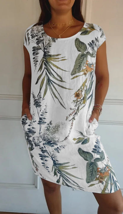 Breathable Tropical Print Side-Pocket Shift Dress