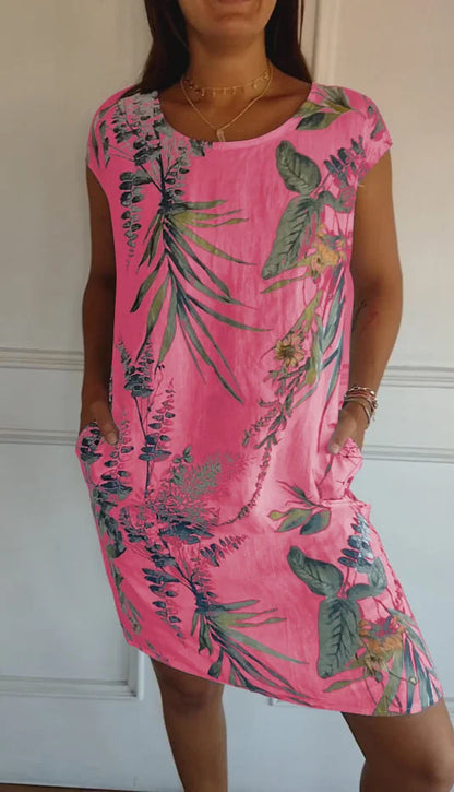 Breathable Tropical Print Side-Pocket Shift Dress