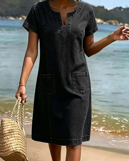 Robe Décontractée Fourreau Poche Petit Col En V