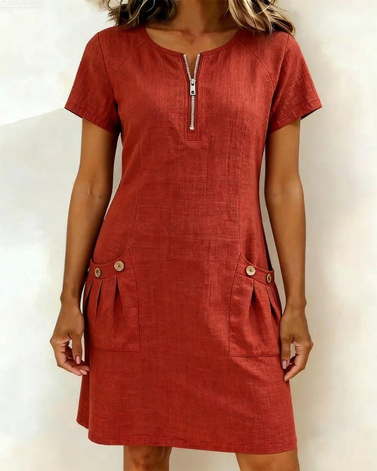 Robe Fermeture Éclair Poche Coton Lin