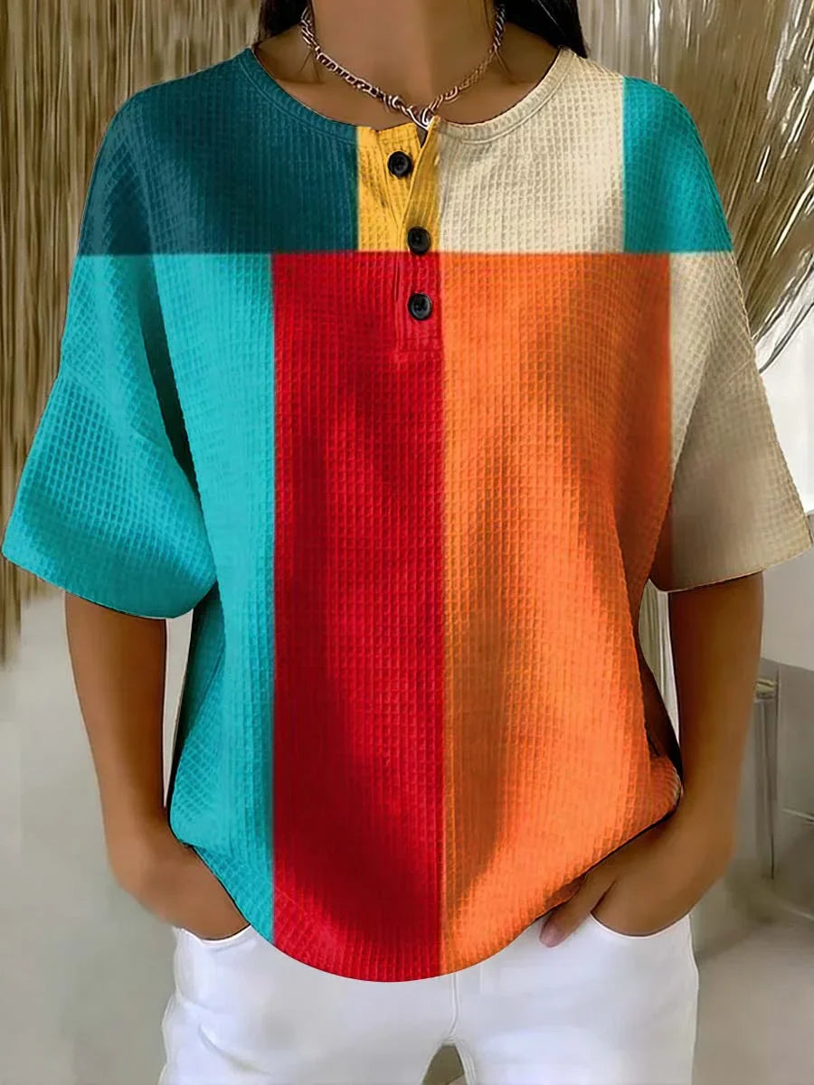 Women's Geometry Art Print Casual Waffle Cotton Shirt RM603