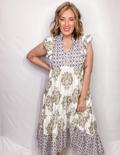 Artistic Floral Print Ruffle Sleeve Maxi Dress