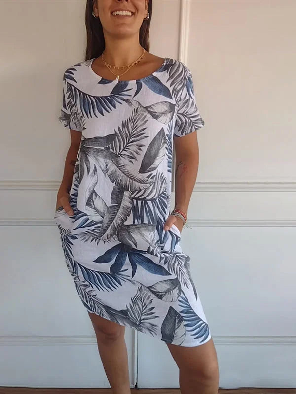 Breathable Tropical Print Side-Pocket Shift Dress