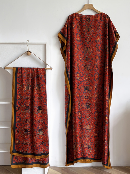 Elegant Floral Print Silk Kaftan Dress