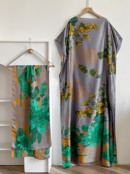 Elegant Floral Print Silk Kaftan Dress