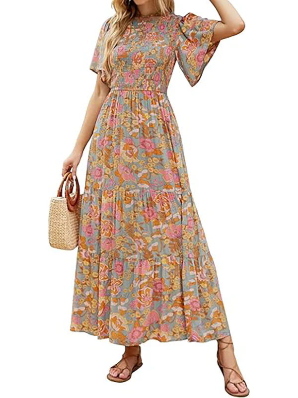 Elegant Lilac Floral Smocked Tiered Maxi Dress
