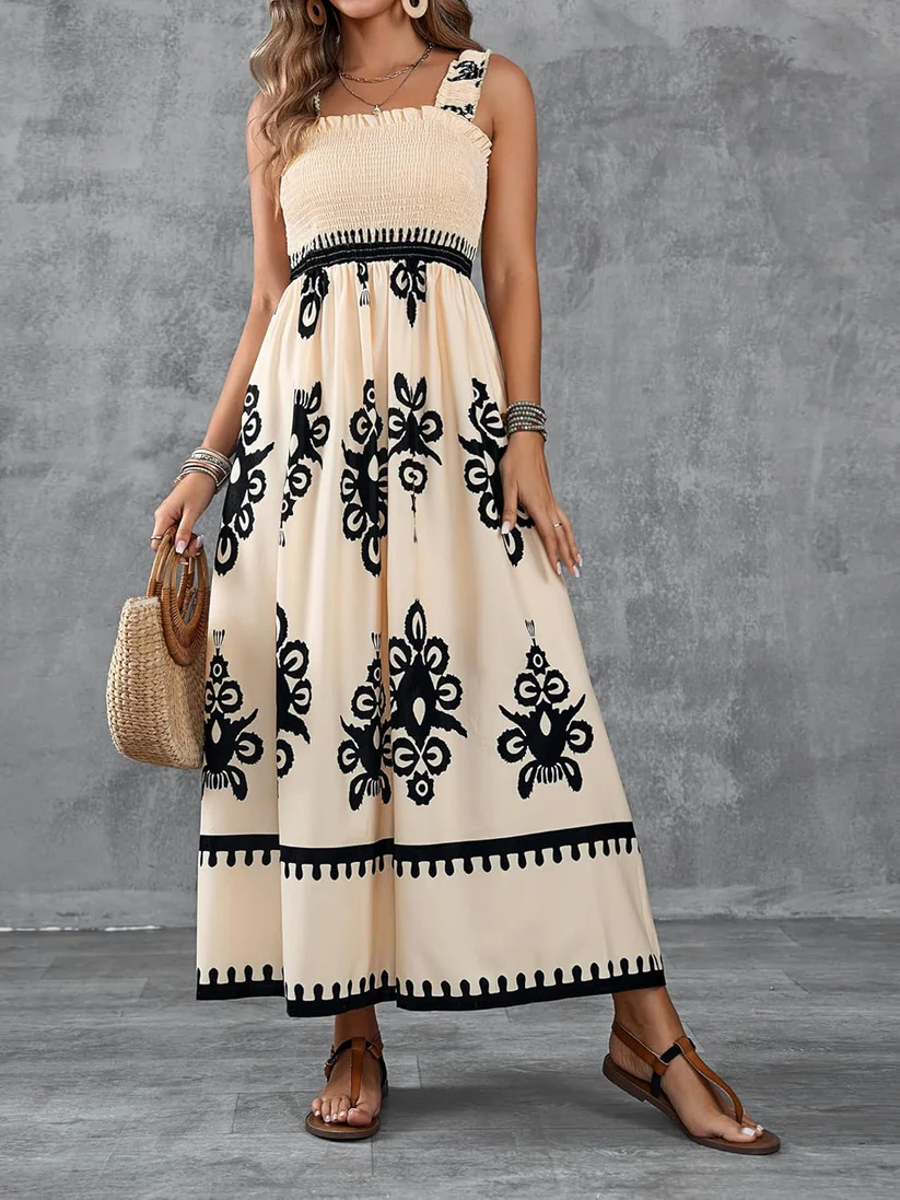 Bohemian Medallion Print Smocked Maxi Dress