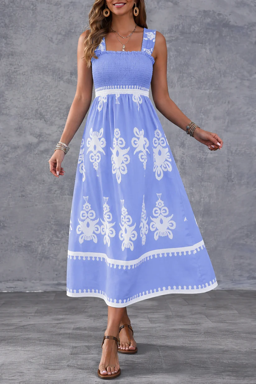 Bohemian Medallion Print Smocked Maxi Dress