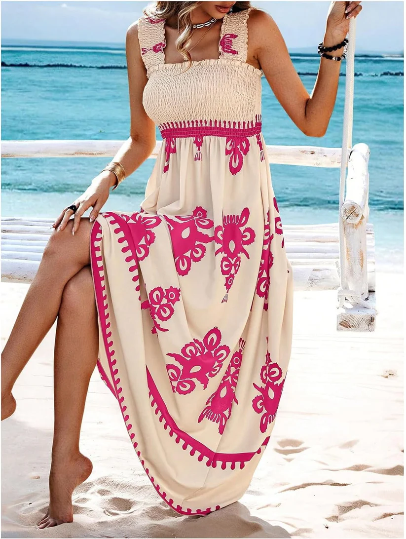 Bohemian Medallion Print Smocked Maxi Dress