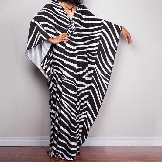 Artistic Striped V-Neck Kaftan Maxi Dress