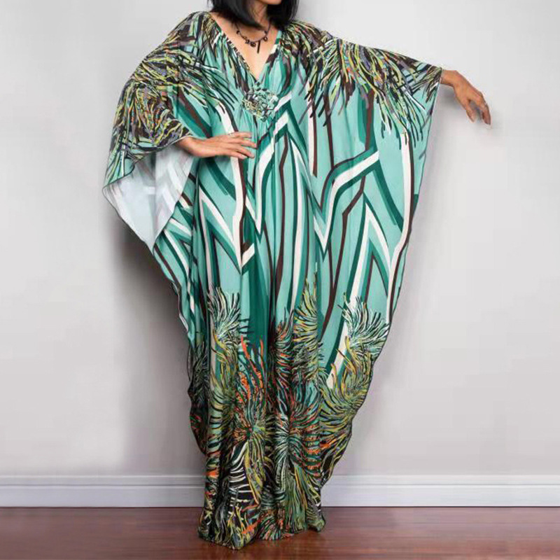 Artistic Striped V-Neck Kaftan Maxi Dress