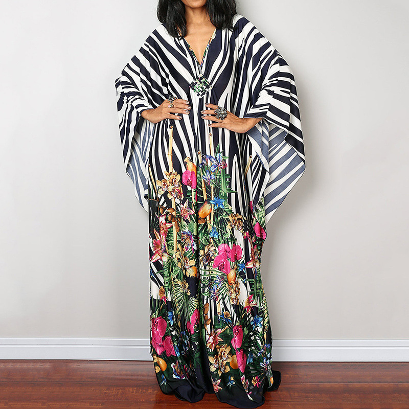 Artistic Striped V-Neck Kaftan Maxi Dress