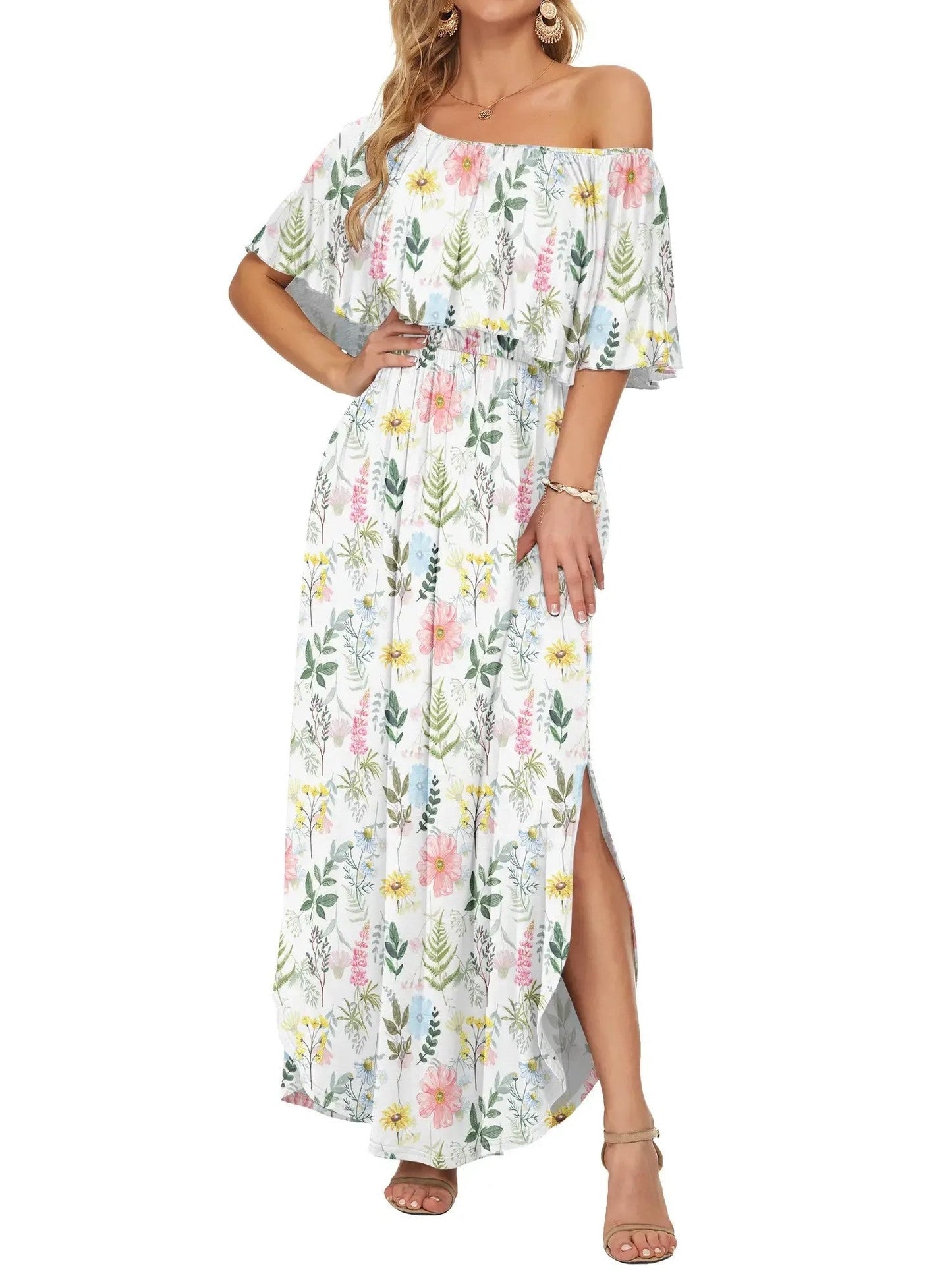 Elegant Off-The-Shoulder Floral Side-Slit Maxi Dress