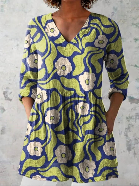 Women's Vintage Lovely Floral Art Print Casual Linen V-neck Shirt
