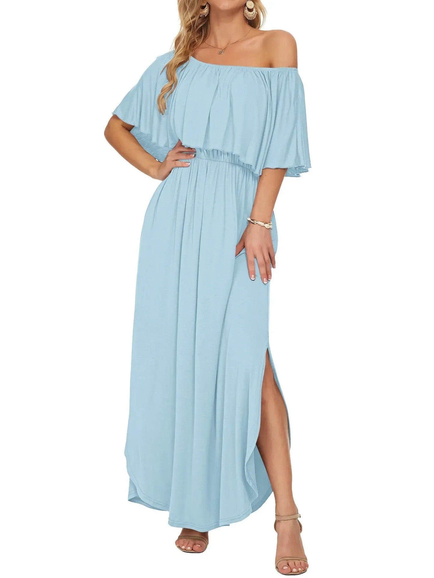 Elegant Off-The-Shoulder Floral Side-Slit Maxi Dress