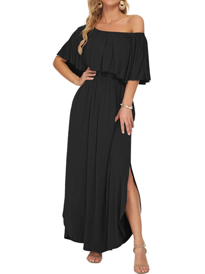 Elegant Off-The-Shoulder Floral Side-Slit Maxi Dress