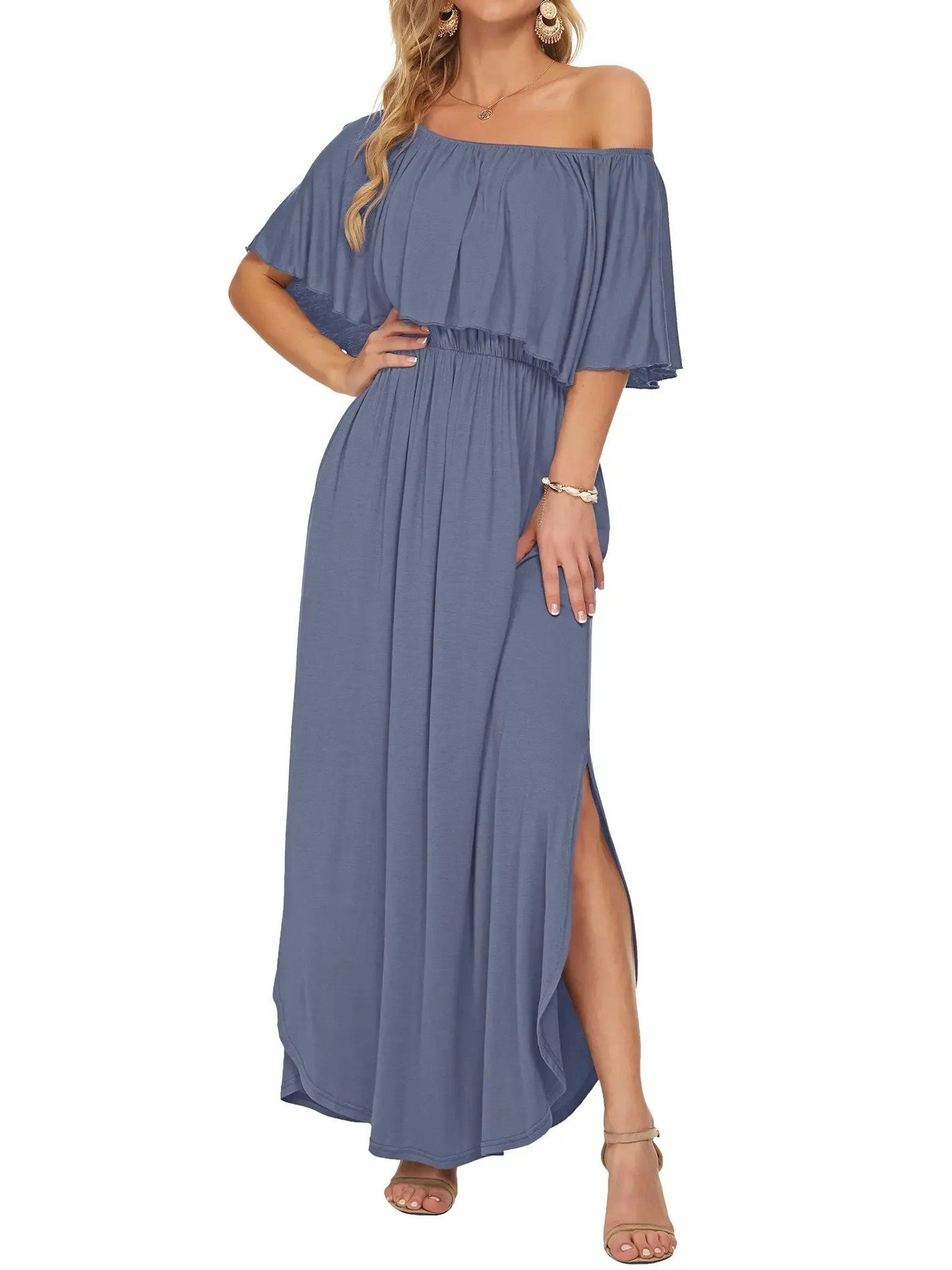 Elegant Off-The-Shoulder Floral Side-Slit Maxi Dress