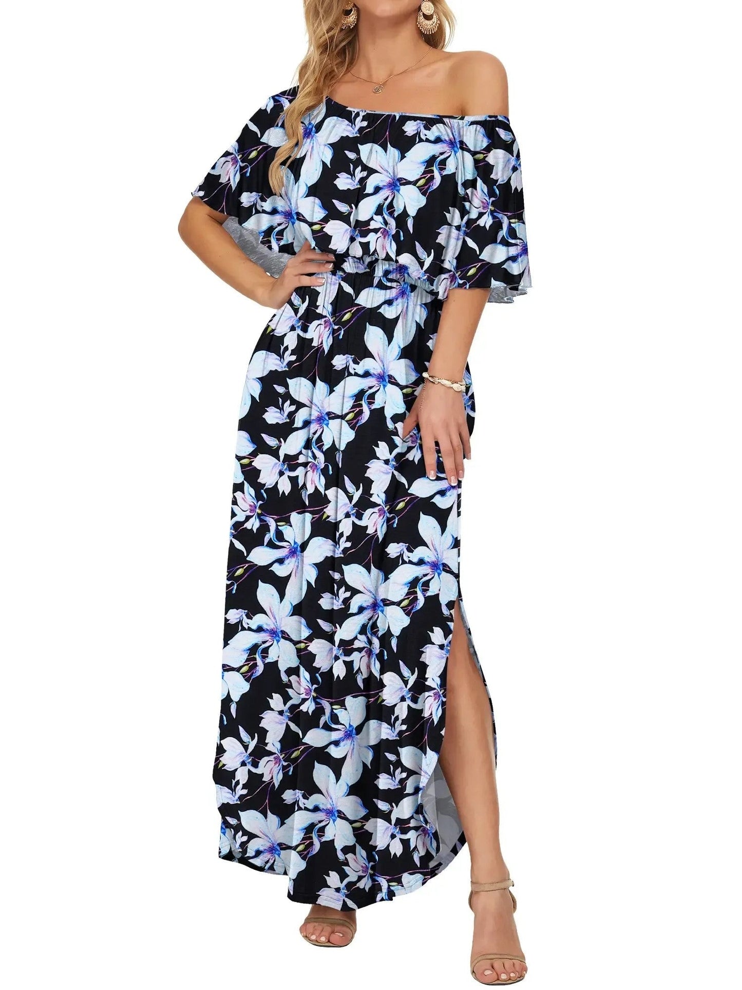 Elegant Off-The-Shoulder Floral Side-Slit Maxi Dress