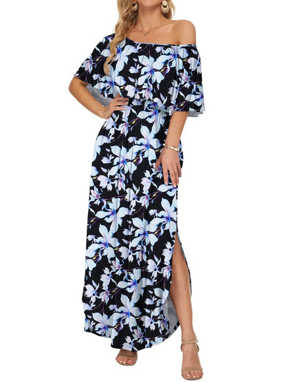 Elegant Off-The-Shoulder Floral Side-Slit Maxi Dress