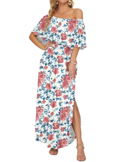 Elegant Off-The-Shoulder Floral Side-Slit Maxi Dress