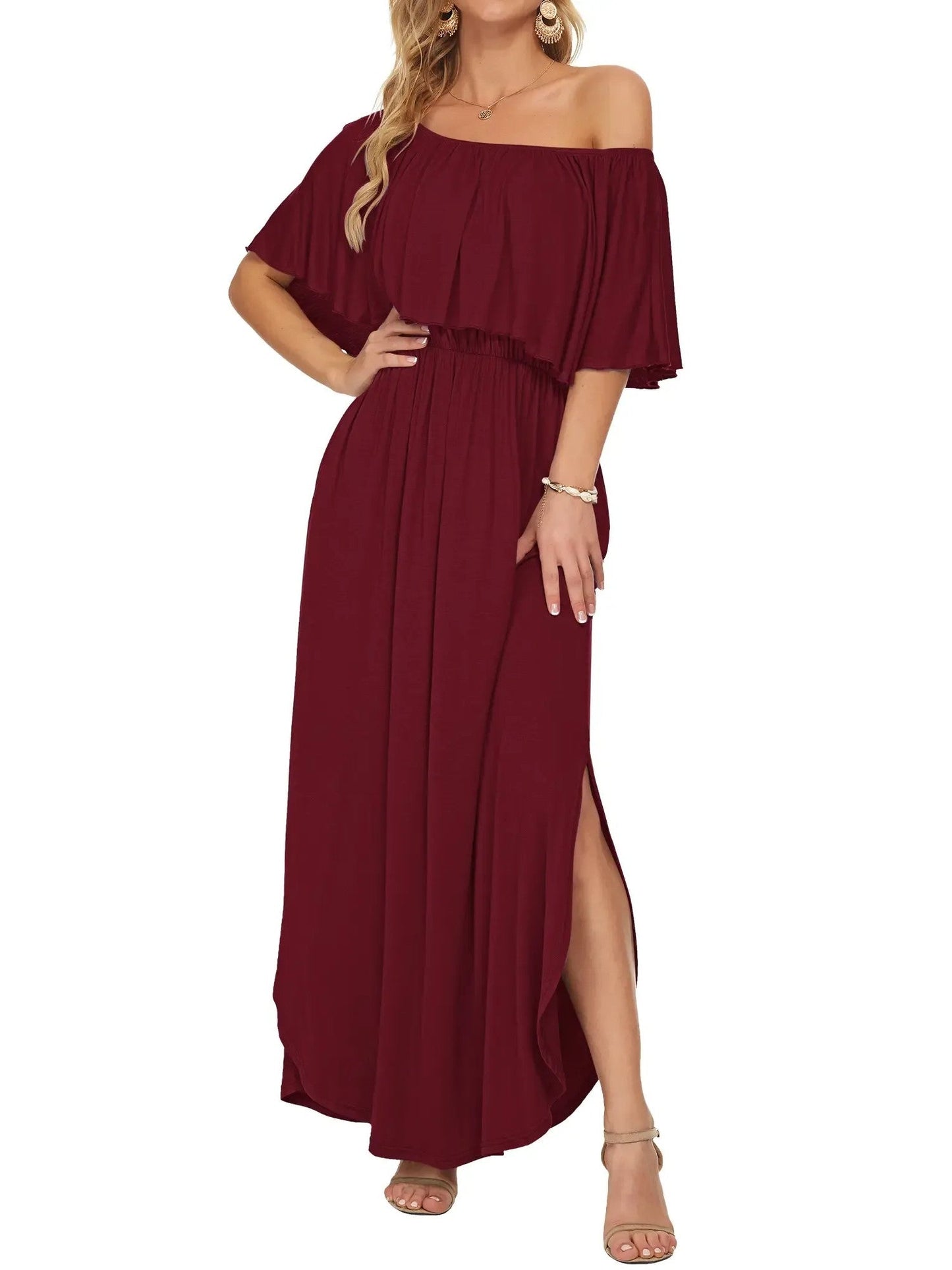 Elegant Off-The-Shoulder Floral Side-Slit Maxi Dress