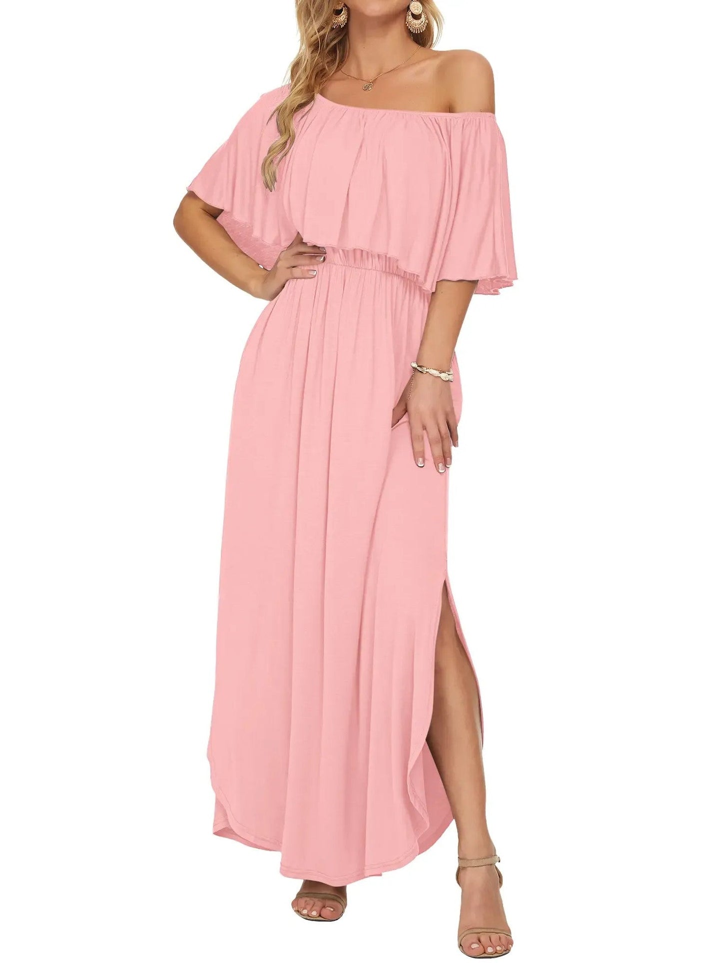 Elegant Off-The-Shoulder Floral Side-Slit Maxi Dress