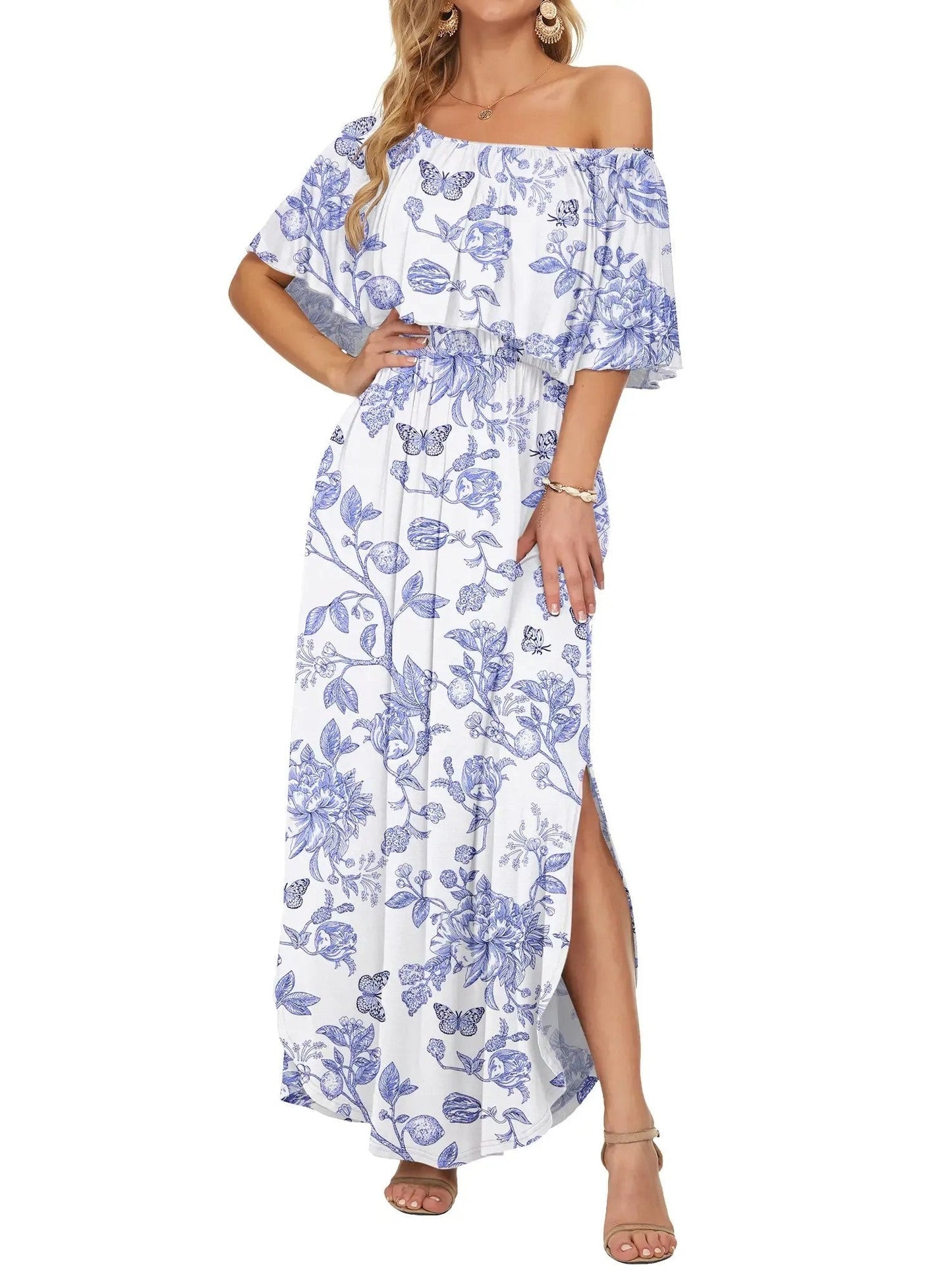 Elegant Off-The-Shoulder Floral Side-Slit Maxi Dress