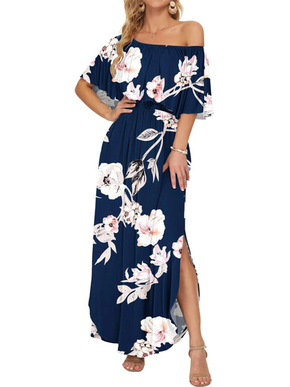 Elegant Off-The-Shoulder Floral Side-Slit Maxi Dress