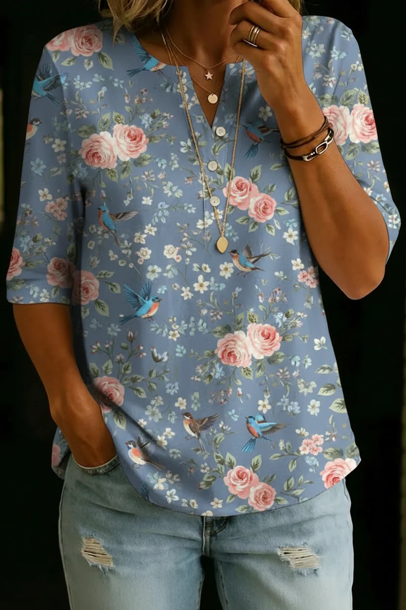 Women’s Vintage Floral Print Casual Half Sleeve Henley Cotton Top