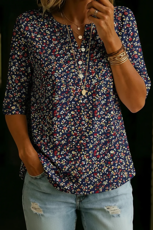 Women’s Vintage Floral Print Casual Half Sleeve Henley Cotton Top