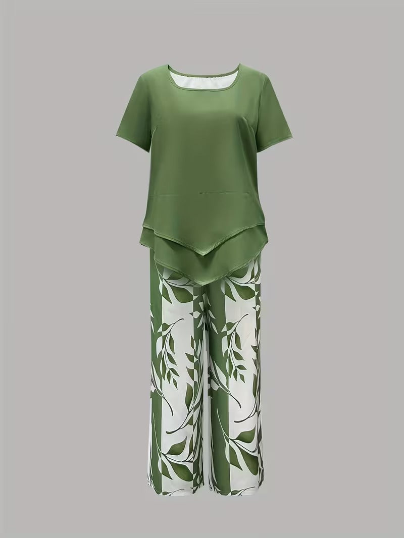 Elmyra | Casual Leaf Print Two-Piece Set