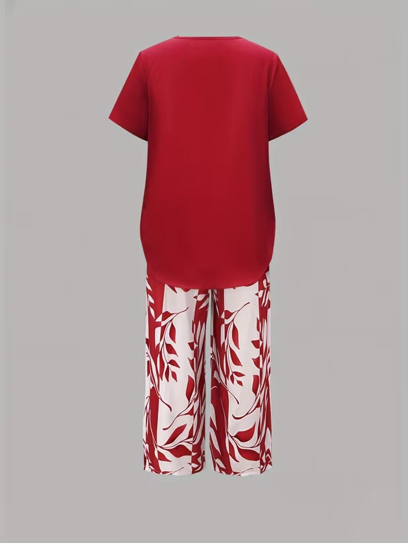 Elmyra | Casual Leaf Print Two-Piece Set
