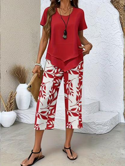 Elmyra | Casual Leaf Print Two-Piece Set