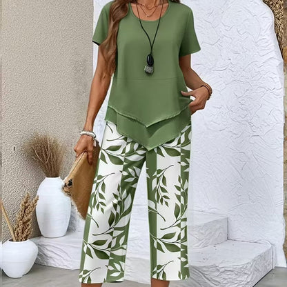 Elmyra | Casual Leaf Print Two-Piece Set