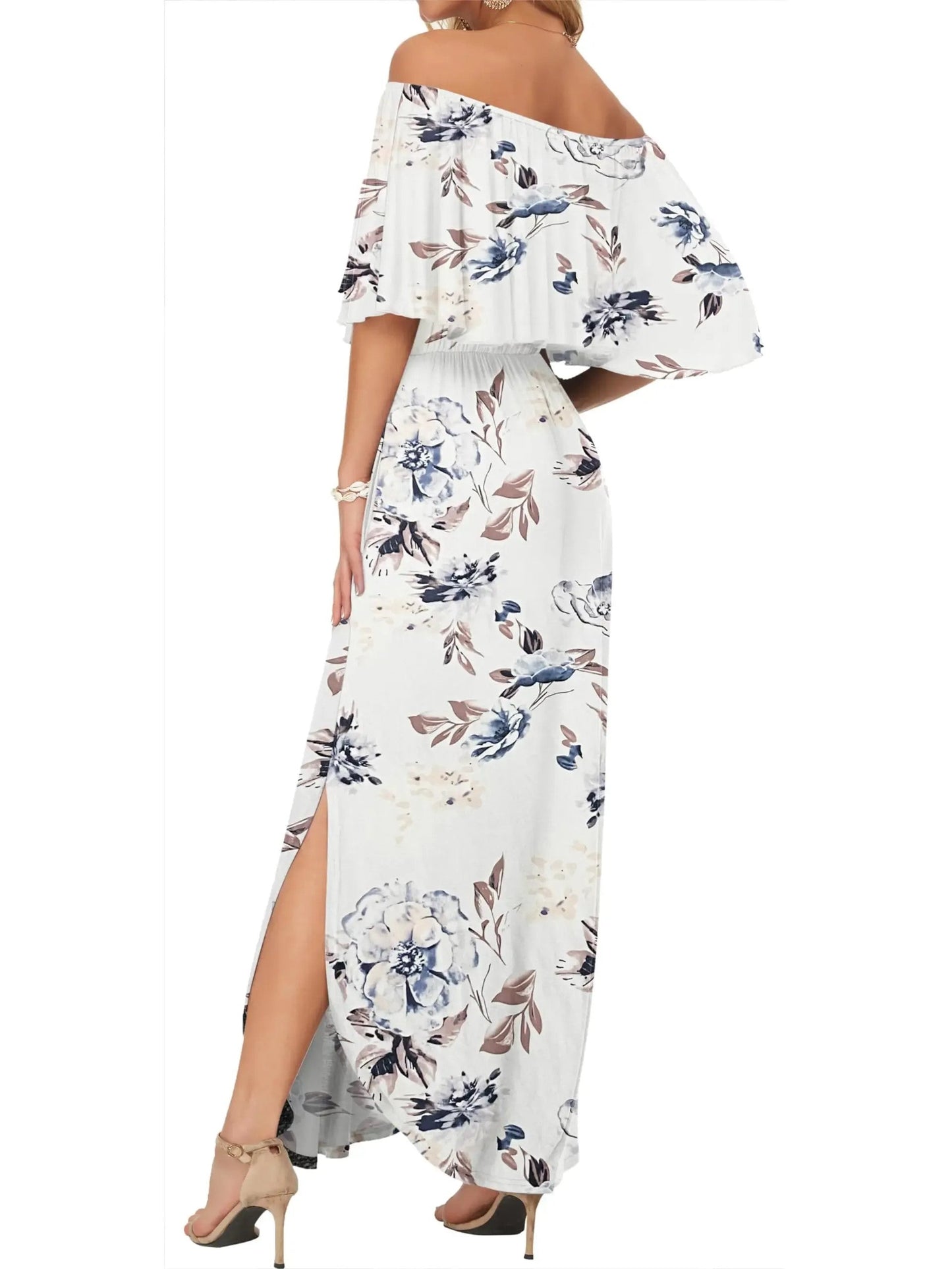 Elegant Off-The-Shoulder Floral Side-Slit Maxi Dress