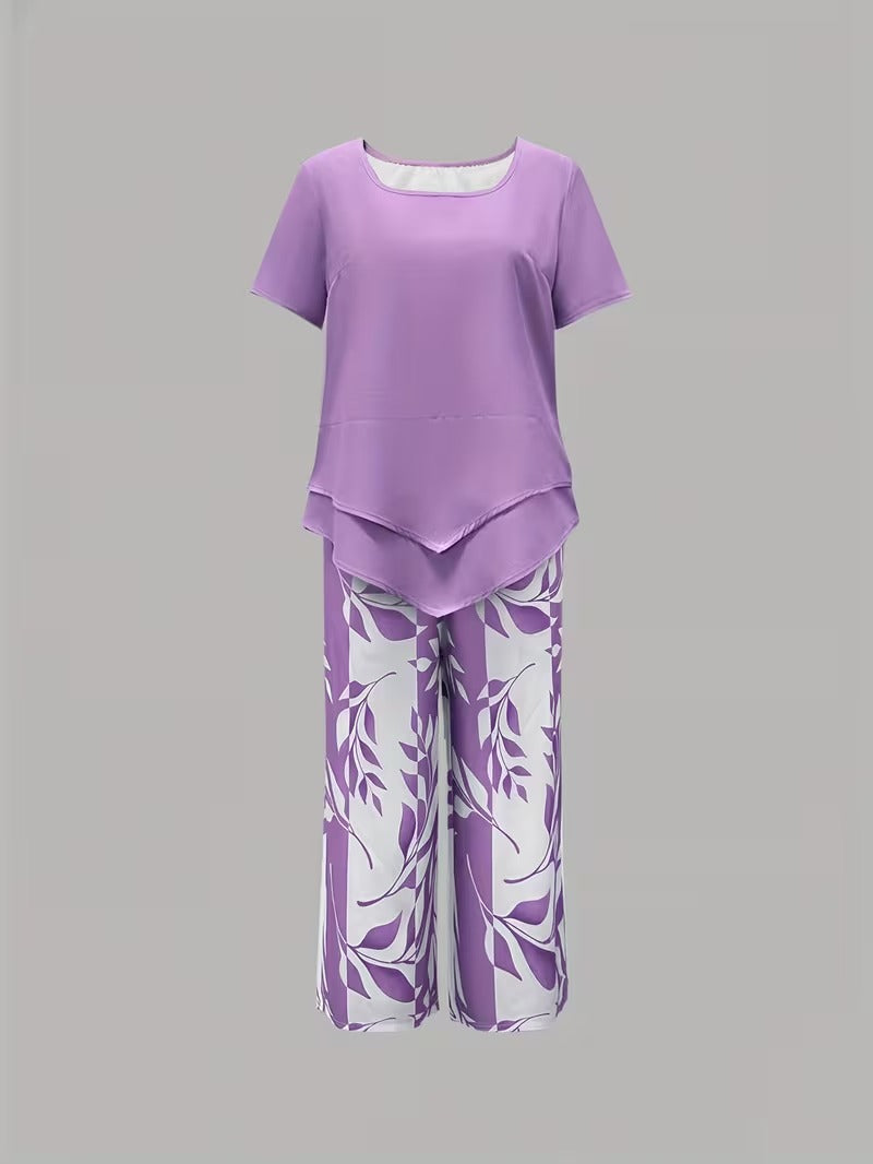 Elmyra | Casual Leaf Print Two-Piece Set