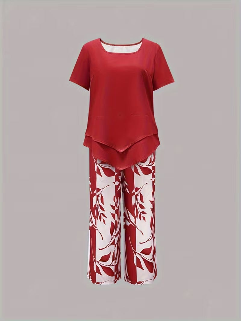 Elmyra | Casual Leaf Print Two-Piece Set