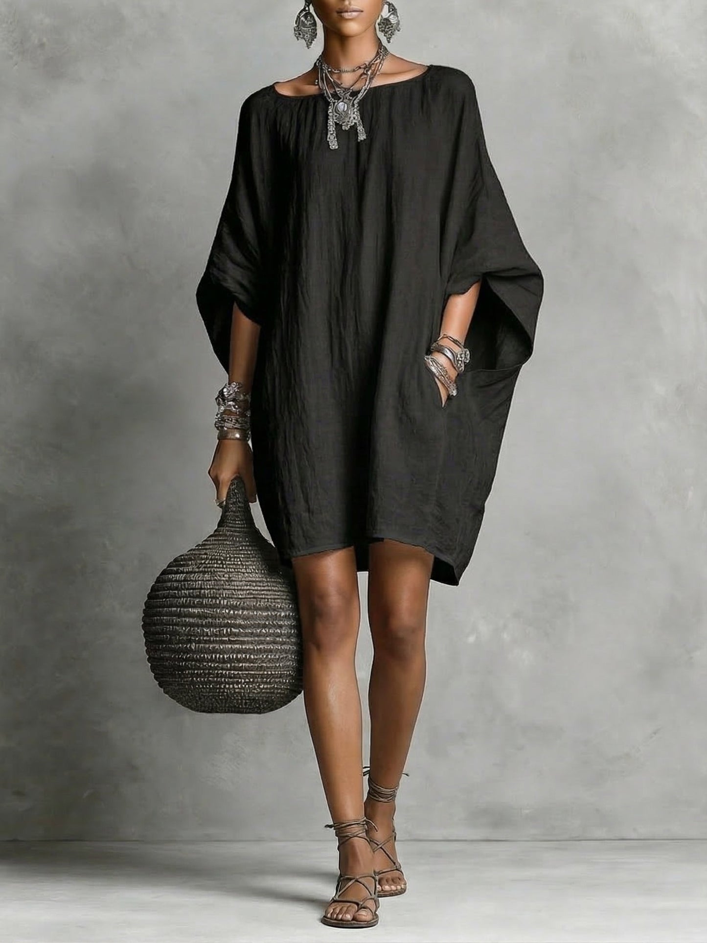 Artistic Solid Batwing-Sleeve Relaxed Dress