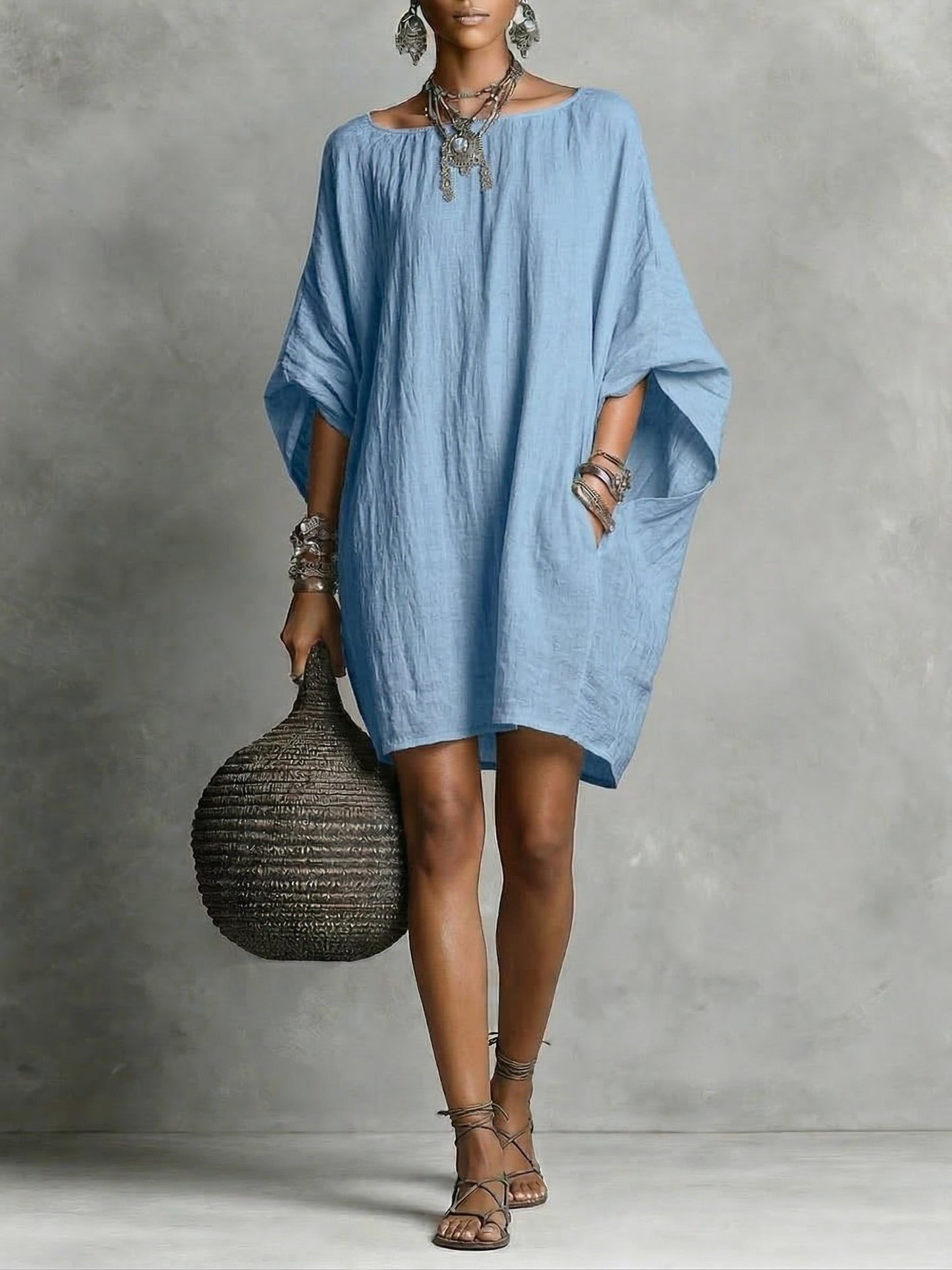 Artistic Solid Batwing-Sleeve Relaxed Dress
