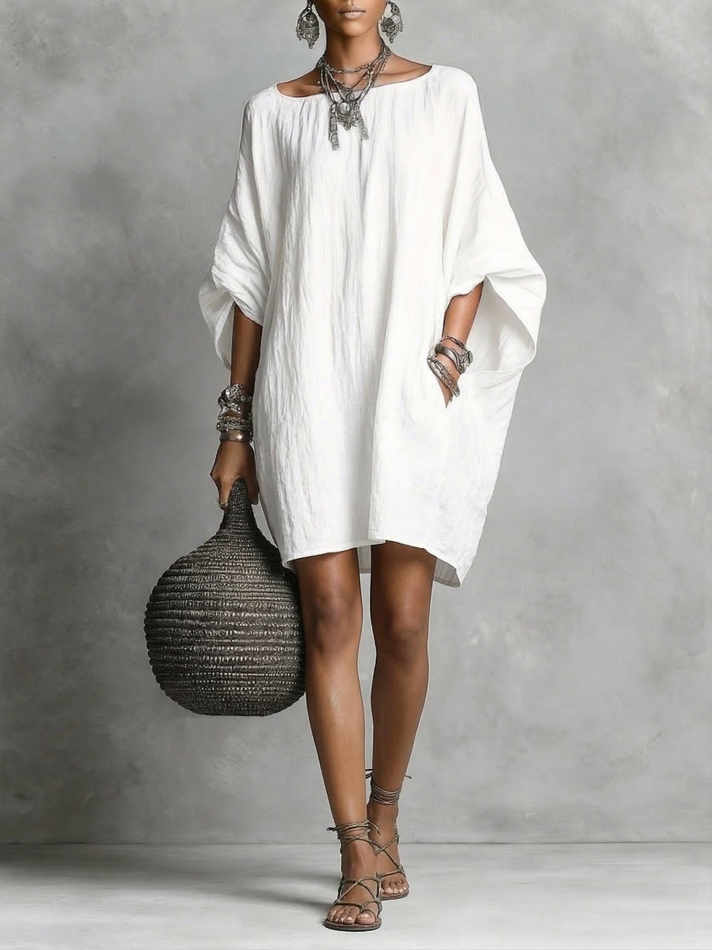 Artistic Solid Batwing-Sleeve Relaxed Dress