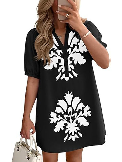 Sandra | Floral Puff Short Sleeve Mini Dress with Pockets
